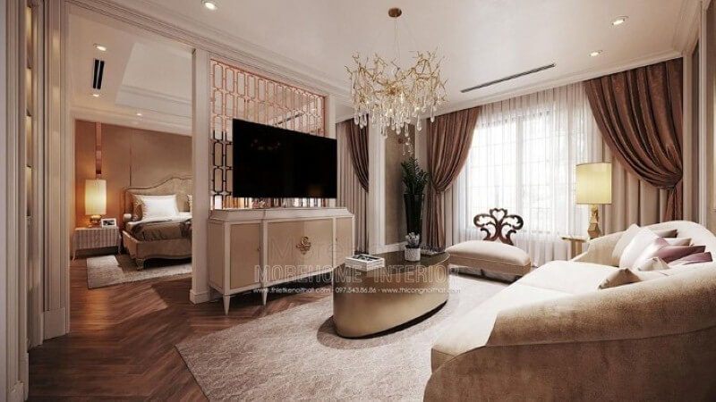 Sắp xếp nội thất phòng ngủ master có không gian giải trí đẹp, sang trọng.