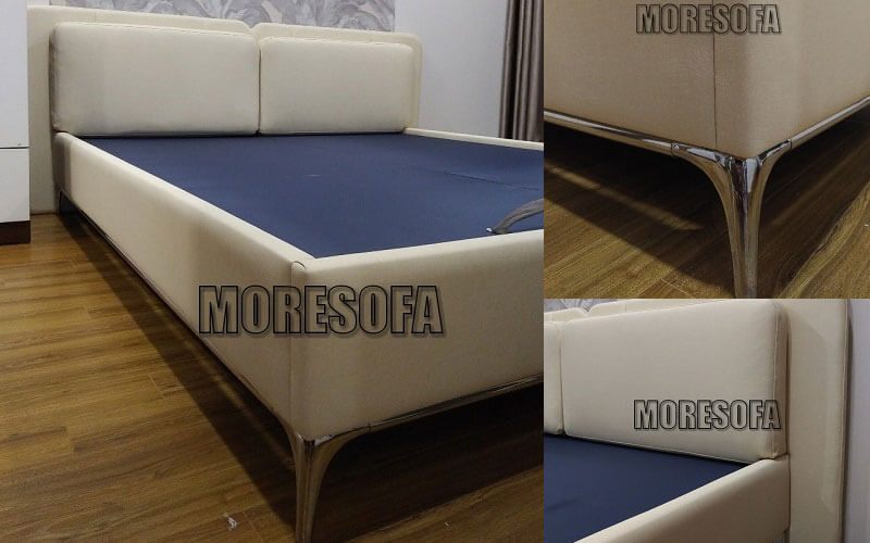 Mẫu thiết kế giường ngủ bọc da màu trắng, cách điệu phần chân inox kiên cố