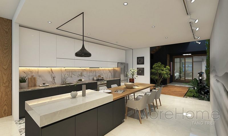 Quầy bar mặt đá kết hợp nhẹ nhàng với bàn ăn tạo sự thuận tiện cho việc trang trí không gian bếp