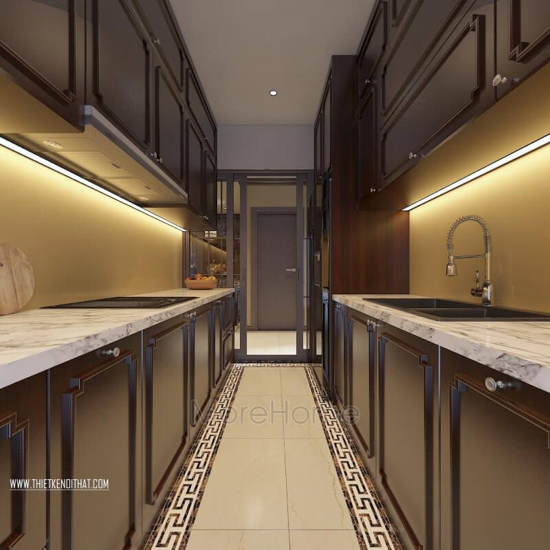 Kính ốp bếp màu vàng nhạt ốp bếp có diện tích nhỏ giúp không gian sạch sẽ, sang trọng hơn.