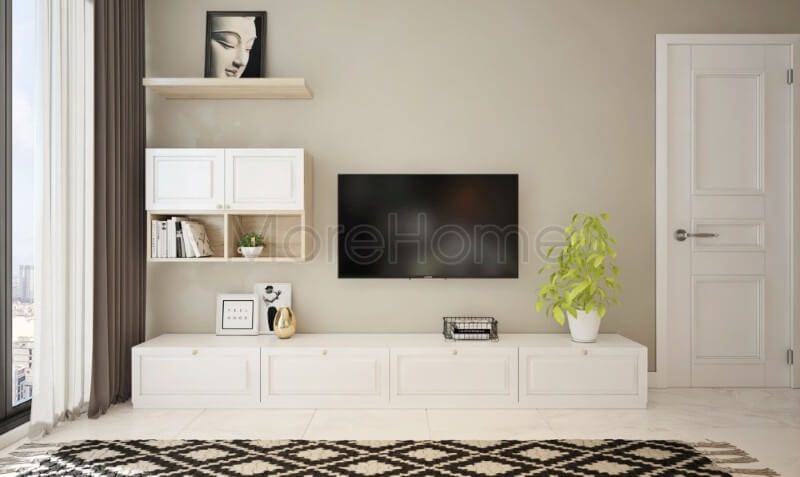Kệ ti vi màu trắng ấn tượng được coi là điểm nhấn nổi bật cho không gian phòng khách thêm sang và tinh tế hơn