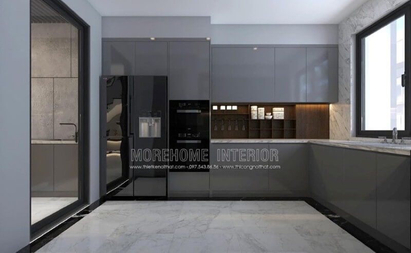 Nếu bạn muốn tách biệt không gian giữa khách và bếp, ý tưởng bố trí phòng bếp sử dụng cửa kính và không gian bếp hiện đại được bố trí một cách khoa học sẽ rất phù hợp nhiều không gian như chung cư, biệt thự, nhà phố trên đây.