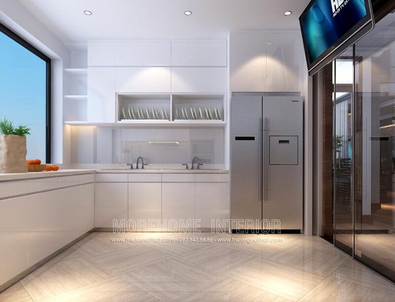 Trang trí nội thất chung cư hiện đại với mẫu tủ bếp màu trắng