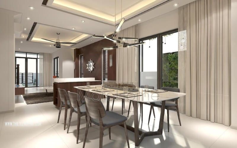 Thiết kế bàn ăn biệt thự cao cấp phong cách hiện đại khá linh hoạt phù hợp với nhiều mục đích sử dụng của gia chủ, từ các bữa cơm gia đình thân mật đến các buổi tụ tập bạn bè