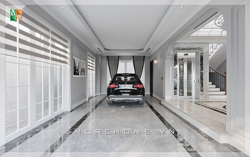 Mẫu thiết kế sảnh khách sạn đẹp nổi bật với nền gạch ốp và tường màu trắng sang trọng