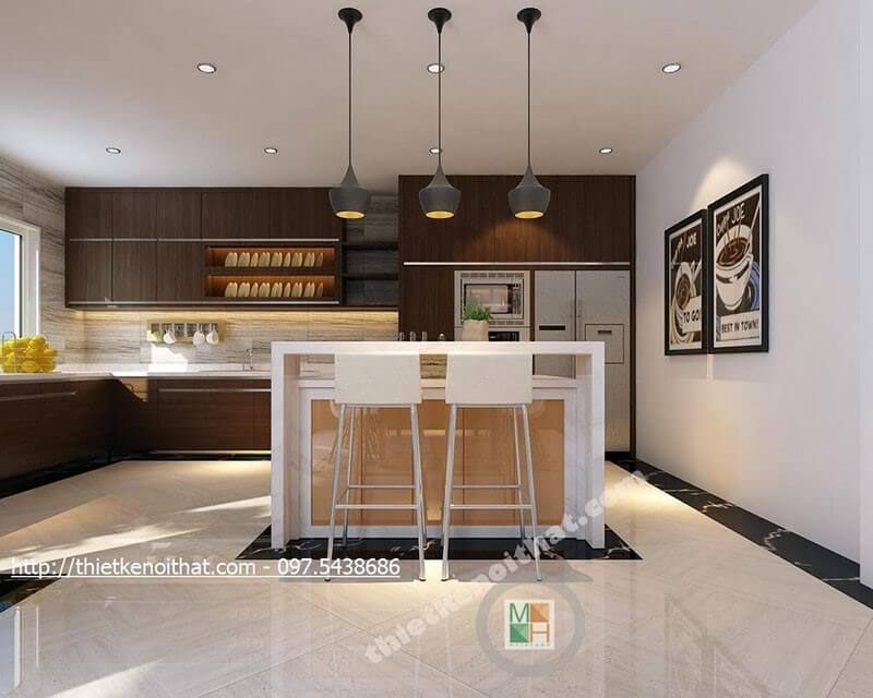 Mẫu bàn đảo bếp gỗ công nghiệp, mặt bàn ốp đá nhân tạo cao cấp cho phòng bếp hiện đại